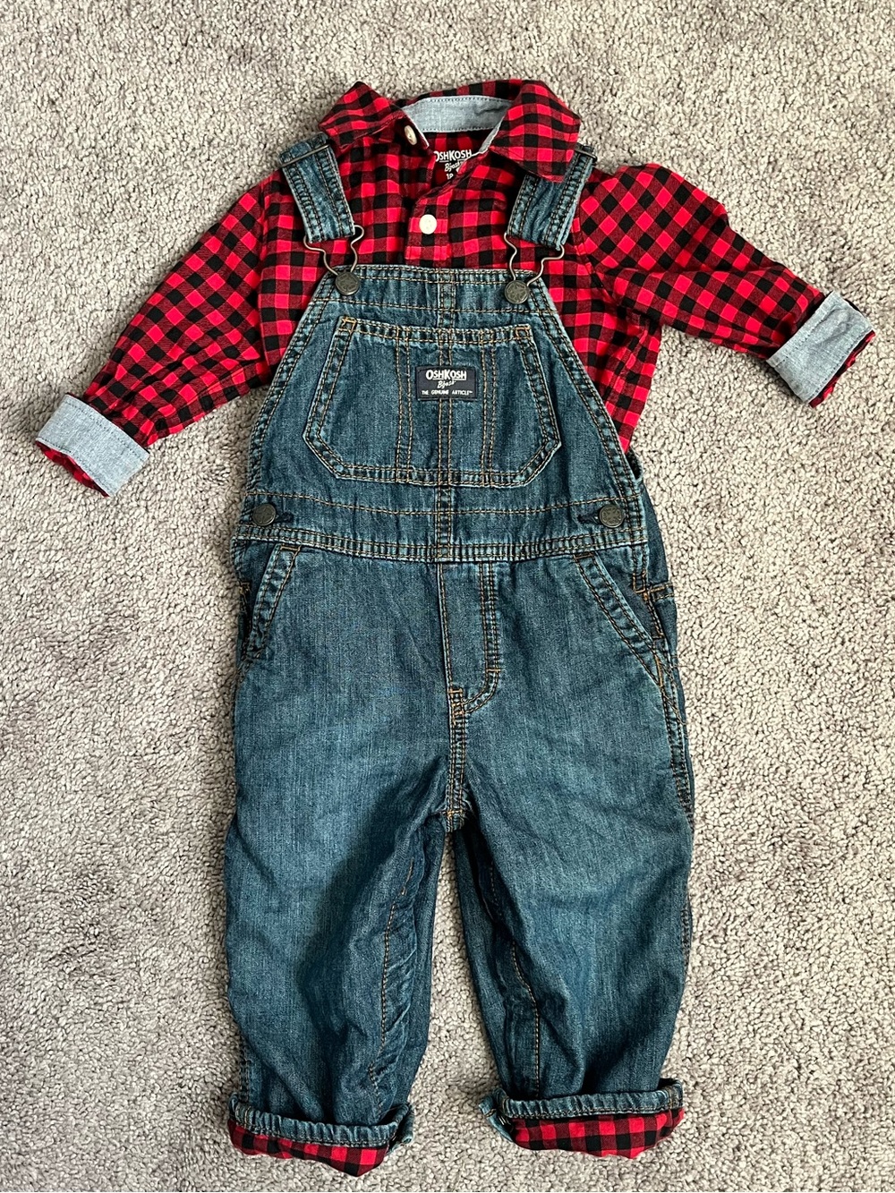 OshKosh B'gosh Blue Denim Overalls with Red Plaid Shirt
